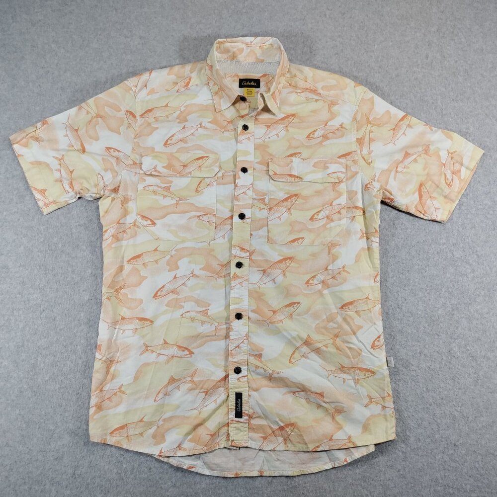 Cabelas Fishing Shirt mens Medium Orange All Over Fish Print Vented Cotton